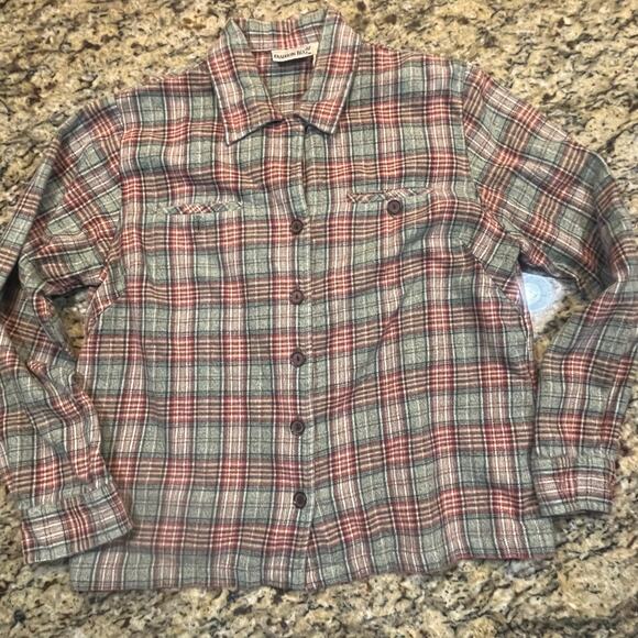 Vintage Fashion bug M Red Green Plaid Flannel Button Down Top Pocket - Picture 2 of 6